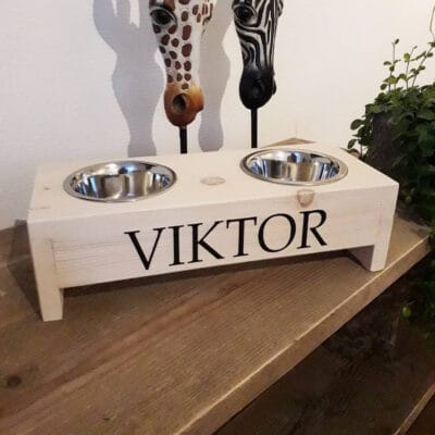 kattenvoerbak van hout met RVS bakken