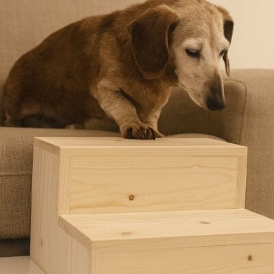 Houten opstapje met naamopdruk, handgemaakt en geschikt voor katten, kleine honden of kinderen;
